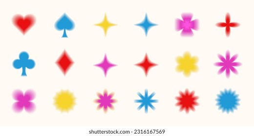 Trendy shape collection, blurred colorful objects and card symbols, flowers in Y2K aesthetics. Vector set of design graphic elements and decorations.