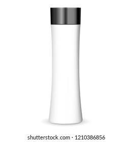 Trendy shape cosmetics bottle mockup in white color with black lid. Premium plastic package for cream, shampoo, shower gel isolated on white background. HQ 3d vector illustration.