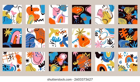 Trendy shapes collages. Abstract design, modern compositions, color doodle objects, contemporary elements. Scribble curve minimal forms, social media post background, decorative tidy vector set