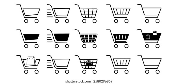 trendy shopping cart icon set. Black colour flat style outline icons