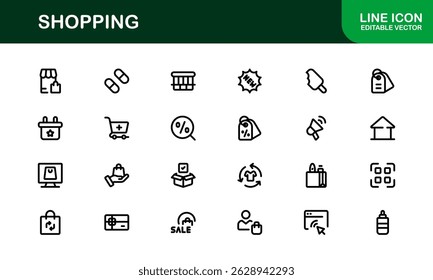 Trendy Shopping Symbols Collection. Stylish Retail, E-Commerce, and Market-Themed Vector Illustrations for Websites, Apps, and Digital Stores