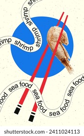 Ein trendiges Shrimps-Poster mit einem halftonischen Effekt für Retro-Kollagen. Vektorgrafik der japanischen Küche für Bar, Restaurant, Café, Menü, Social-Media-Werbung.