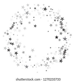 Trendy silver glitter falling stars vector template for birthday party, wedding invitation card, flyer, voucher, holiday banner.  Silver sparkle stars confetti glitter round frame on white.