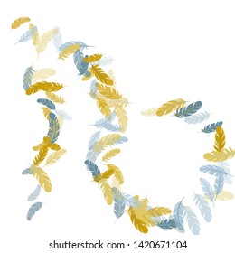 Trendy silver gold feathers vector background. Soft plumelet native indian ornament. Plumage bohemian fashion shower decor. Flying feather elements airy vector design.
