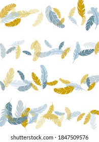 Trendy silver gold feathers vector background. Bird wing plumage boho line art. Soft plumelet native indian ornament. Falling feather elements soft vector design.