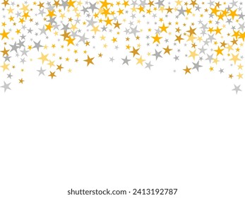 Trendy silver and gold stars falling vector wallpaper. Many stardust spangles Christmas decoration particles. Isolated stars falling design. Sparkle symbols gift decor.