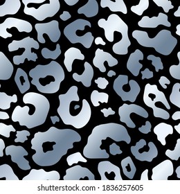 Trendy silver leopard abstract seamless pattern. Vector Wild animal cheetah skin chrome metallic shiny texture on black background for fashion print design, textile, cover, wrap, wallpaper.