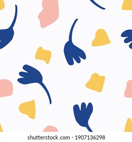 Trendy simple abstract seamless pattern on white background. Hand drawn shapes illustration. Floral branch, spots. Warm earthly colours. Blue, yellow, pink. 