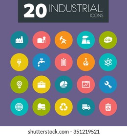 Trendy simple flat design industrial icons on colored circles