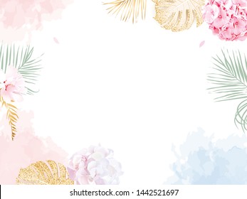 Trendy simple flat lay design vector horizontal background. Pink and lilac white hydrangea, palm leaves, golden shimmer monstera, watercolor style coral texture. Spring card. Isolated and editable