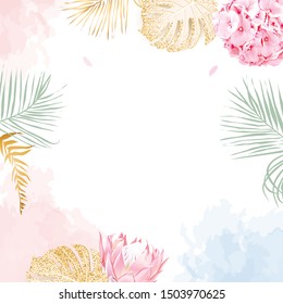 Trendy simple flat lay design vector square background. Pink hydrangea, king protea, palm leaves, golden shimmer monstera, watercolor style coral and blue texture. Spring card. Isolated and editable