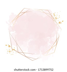 Trendy simple flat lay design vector background. Golden line art, watercolor style pink texture splash.Delicate blush color card.Painted handdrawn spot.Elegant decoration detail. Isolated and editable