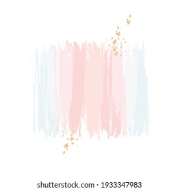 Trendy simple flat lay design vector background. Gold glitter, watercolor style pink texture splash.Delicate blush color card. Painted handdrawn spot. Elegant decoration detail. Isolated and editable