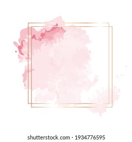 Trendy simple flat lay design vector background. Gold line art, watercolor style pink texture splash.Delicate blush color card.Painted handdrawn spot.Elegant decoration detail. Isolated and editable