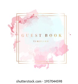 Trendy simple flat lay design vector background. Gold line art, watercolor style pink texture splash.Delicate blush color card.Painted handdrawn spot.Elegant decoration detail. Isolated and editable