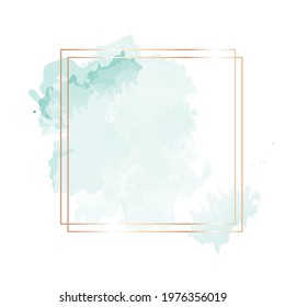 Trendy simple flat lay design vector background. Gold line art, watercolor style cyan texture splash.Delicate green color card. Painted handdrawn spot. Elegant decoration detail. Isolated and editable