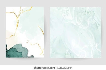 Trendy simple flat lay design vector background. Gold line art, watercolor style cyan texture splash.Delicate green color card. Painted handdrawn spot. Elegant decoration detail. Isolated and editable