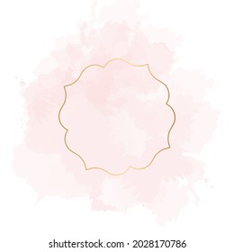 Trendy simple flat lay design vector background. Gold line art, watercolor style pink texture splash.Delicate blush color card.Painted handdrawn spot.Elegant decoration detail. Isolated and editable