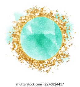 Trendy simple flat lay design vector background for card. Gold splash, watercolor style green texture splash. Painted handdrawn spot. Isolated and editable