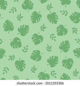 Trendy simple floral pattern. Cartoon monstera and other leaves on green background. Kids illustration. For  textile, wallpaper, surface, summer decoration.