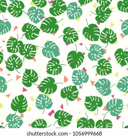 Trendy simple floral pattern. Primitive monstera leaves on abstract colorful confetti background.Cute tropical jungle leaves print. For kids textile, wallpaper, surface, summer decoration, posters.