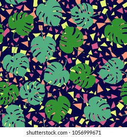 Trendy simple floral pattern. Primitive monstera leaves on abstract colorful confetti background.Cute tropical jungle leaves print. For kids textile, wallpaper, surface, summer decoration, posters.