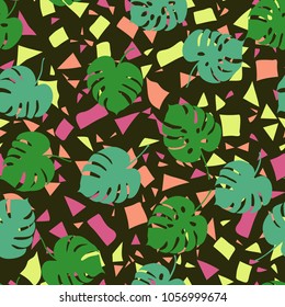 Trendy simple floral pattern. Primitive monstera leaves on abstract colorful confetti background.Cute tropical jungle leaves print. For kids textile, wallpaper, surface, summer decoration, posters.