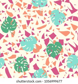 Trendy simple floral pattern. Primitive monstera leaves on abstract colorful confetti background.Cute tropical jungle leaves print. For kids textile, wallpaper, surface, summer decoration, posters.