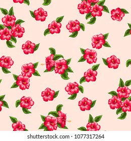 Trendy simple floral pattern. Small flowers of hibiscus. Free order. Tropical jungle leaves print. Repeating background for textile, wallpaper, surface, summer decoration, posters.
