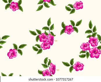 Trendy simple floral pattern. Small flowers of hibiscus. Free order. Tropical jungle leaves print. Repeating background for textile, wallpaper, surface, summer decoration, posters.
