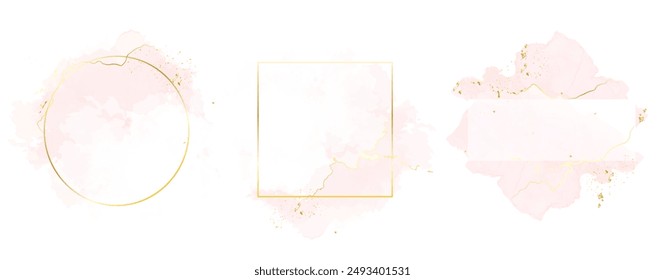 Trendy simple logo design vector backgrounds. Golden line art, watercolor style pink texture splash. Delicate blush color cards. Painted handdrawn spot.Elegant decoration detail. Isolated and editable