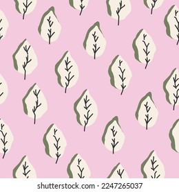 Trendy simple seamless pattern with hand drawn white leaves, botanical illustration, floral elements on a pink background. Modern background in vector.
