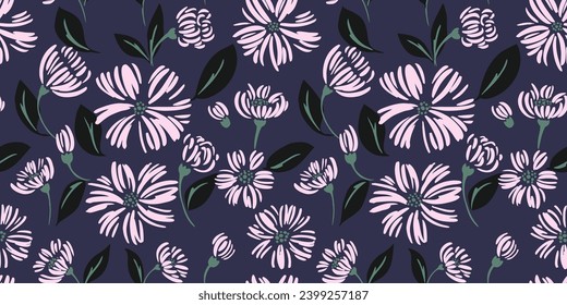 Trendy simple shape flowers seamless pattern on a dark background. Vector doodle hand drawn sketch. Abstract daisy floral print. Design for fashion, textile, fabric, wallpaper