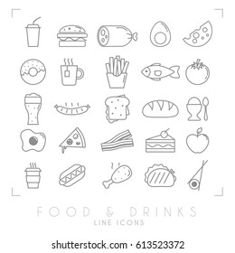 Trendy simple thin line food icons big set. Fast food and breakfast, national and healthy food symbols.