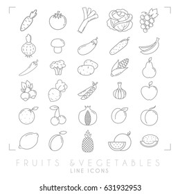 Trendy simple thin line fruits and vegetables icons big set. Healthy eco, tropic vector illustrations.