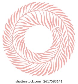 Trendy simple wavy and groovy round frame in boho naive style made of tropical palm plants. Floral botanic hand drawn design template and modern summer print. Vector flat hand drawn illustration.