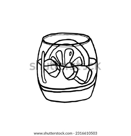 Trendy single element of acoholic cocktail with orange and ice cubes in doodle style. Great for banners, bar menu design, packaging or advertising. Vector illustration. Isolated on white background