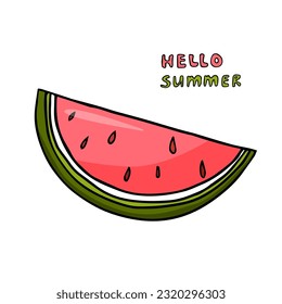 Trendy single element of cute cartoon watermelon slice and text in doodle style. Element for print, postcard, design menu, textile, poster, textile or advertising. Vector illustration EPS10. 
