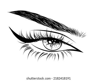 Trendy siren eye makeup look. Natural detailed eyebrows and eyelashes. New makeup trend in social media