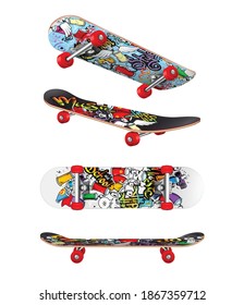 Trendy skateboard patterns realistic set with top bottom side board views outdoor skate gear isolated vector illustration 