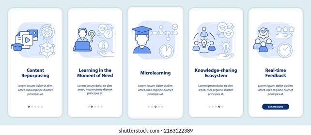 Capacidades de moda para aprender la pantalla de aplicaciones móviles en color azul claro. Recorrido 5 pasos de páginas de instrucciones gráficas con conceptos lineales. UI, UX, plantilla GUI. Multitud de tipos de letra Pro-Bold, con uso regular