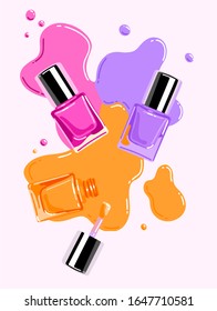 Trendy skincare bottle design, Purple shiny cosmetic jars and liquid drops on pink background