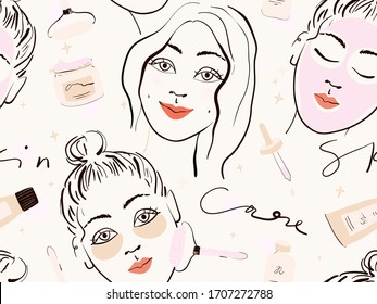 Trendy Skincare Routine-Muster. Illustrationen von jungen Mädchen und Kosmetikprodukten. Vektorillustration. Einzeln auf Weiß.
