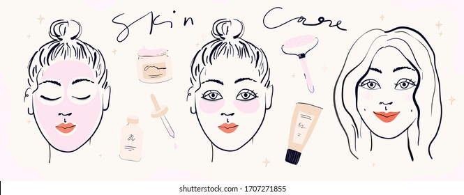 Trendy skincare routine set. Young girl and cosmetics products illustrations. Vector. Isolated on white.