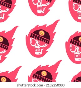 Trendy skull in beanie hat on fire. Illustration for street wear, t shirt, poster, logo, sticker, or apparel merchandise. Retro and pop art style.