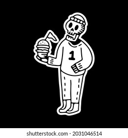 trendy skull in beanie holding burger. illustration for t shirt, poster, logo, sticker, or apparel merchandise.