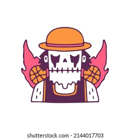 Trendy skull with fire basketball, illustration for t-shirt, sticker, or apparel merchandise. With doodle, retro, and cartoon style.