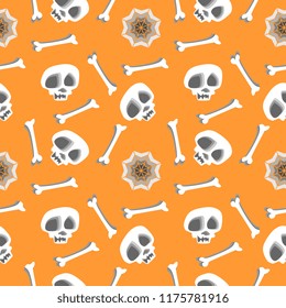 Trendy skull head with bone and spider web vector seamless pattern background isolated on orange colors for baby fashion and children textile print and wrapping.