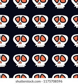 Trendy skull head seamless pattern vector. Abstract cartoon halloween character illustration for baby, kids, and children fashion textile print and wrapping.