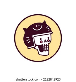 Trendy skull head wearing cat helmet, illustration for t-shirt, sticker, or apparel merchandise. With doodle, soft pop, and cartoon style.